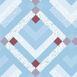 Patchwork Pattern / Cheater Quilt in shades of baby blue, red and white  - large scale