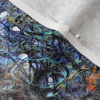 A tangle of leftover embroidery threads, abstract art and textures for textile and fiber art blues, greys, yellow oranges 
