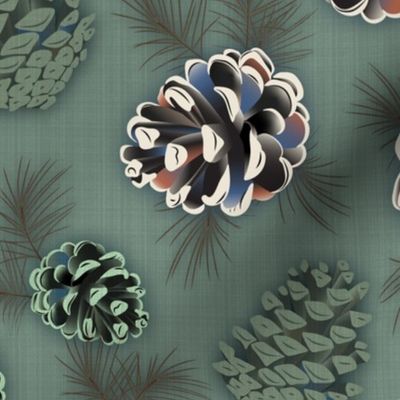 Pine cones on smoky Green