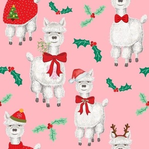 Cute Alpaca & Holly Christmas Red & Green On Pink