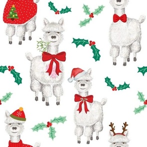 Cute Alpaca & Holly Christmas Red & Green On White