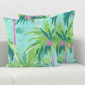 Tropical Island Vibe Palm Tree Pattern Abstract Style - Green Teal Aqua and Pink