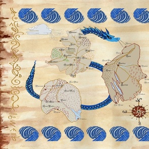 There-be-serpents_-fantasy-cartography_-continents_-compass_-waves_-brown_-tan_-white_-beige_-black-on-parchment-21x18