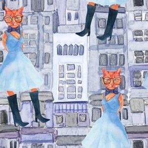 City Cat - Whimsical Print, cats, city buildings, boots, bowtie