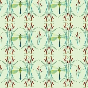 Watercolor Dragonflies and Cattails, green, blue, brown, cream