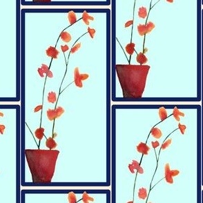 In the Window, potted plant, blue, orange, terra cotta, house plant