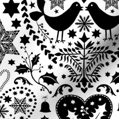Nordic Birds Folk Art Christmas Pattern Black On White