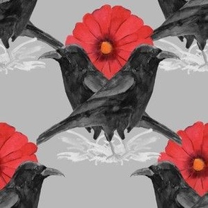 Two Crows - Nature inspired design,  wildlife, red flower
