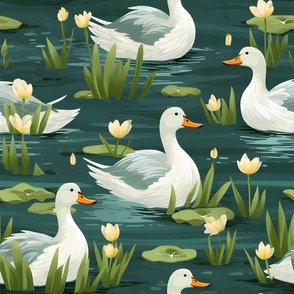 Ducks & Flowers in a Pond