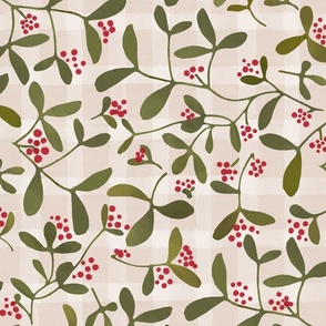 Christmas Day - Mistletoe over beige gingham L