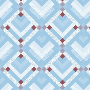 Patchwork Pattern / Cheater Quilt in shades of baby blue, red and white  - medium scale