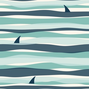 Shark Fins in Waves - (LARGE) - teal navy blue ivory white