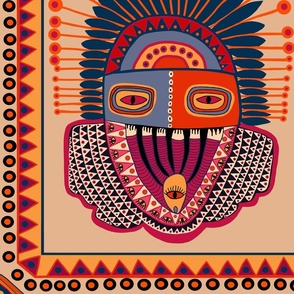 African Tribal Folk Art Mask - Orange Red Blue - 21x25 - Design 15706575