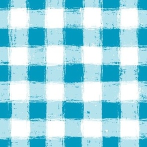 Distressed Gingham White and Caribbean Blue