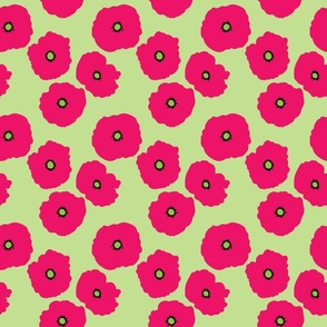Poppies Bright Pink on Light Green