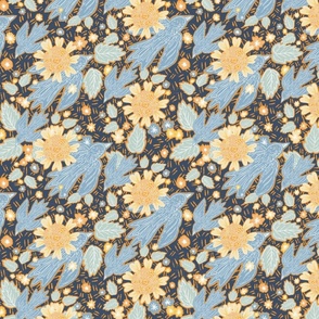 Doves and daisies in navy - medium scale