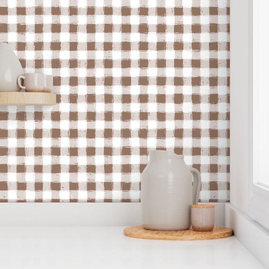 Distressed Gingham White and Mocha Brown