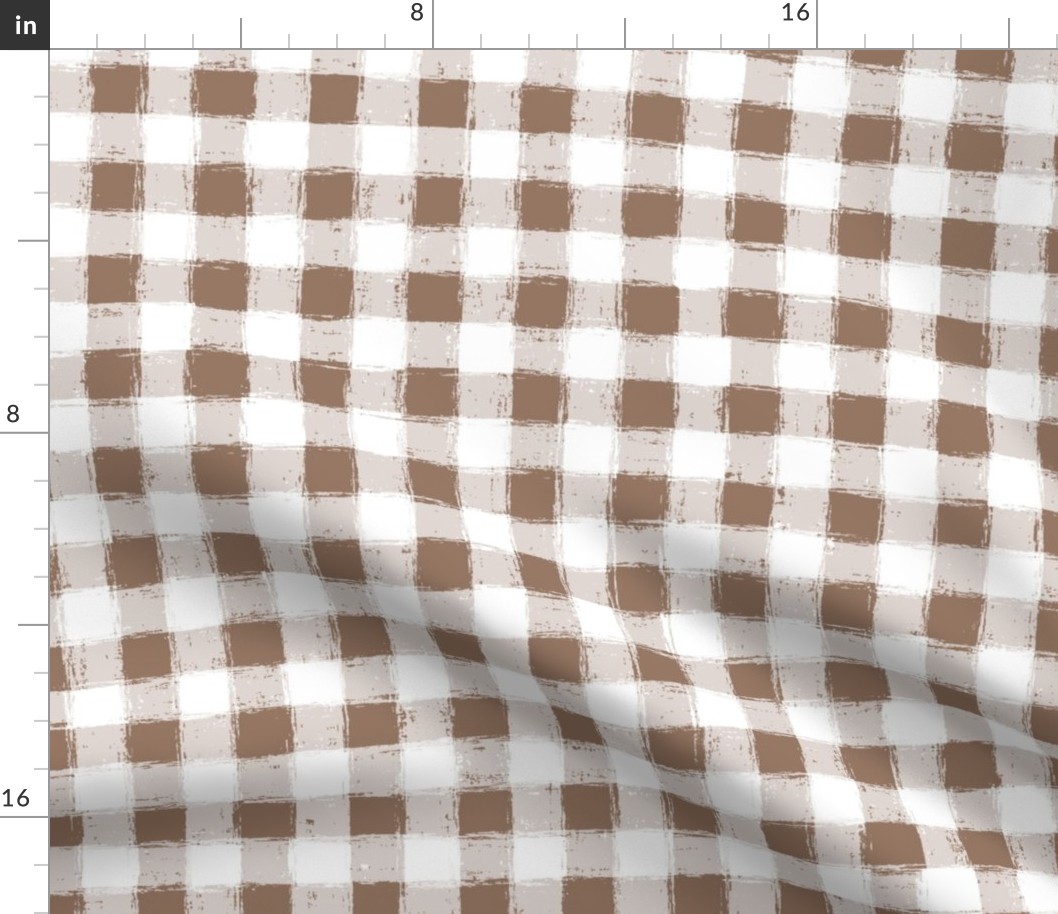 Distressed Gingham White and Mocha Brown