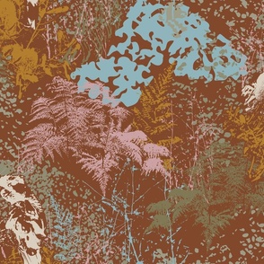 Modern Botanical Abstract, Autumn Birds and Ferns, Maximalist, Rust, Medium