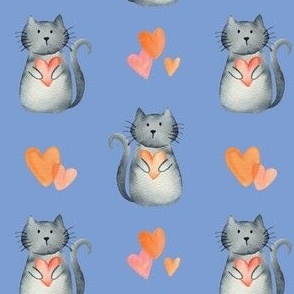 4" watercolor pet cats and hearts on hydrangea blue for valentines day kids and baby bows and dresses