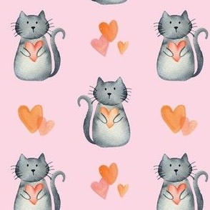 4" watercolor pet cats and hearts on lilac for valentines day kids and baby bows and dresses