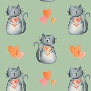 4" watercolor pet cats and hearts on pastel green for valentines day kids and baby bows and dresses