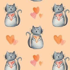 4" watercolor pet cats and hearts on peach for valentines day kids and baby bows and dresses