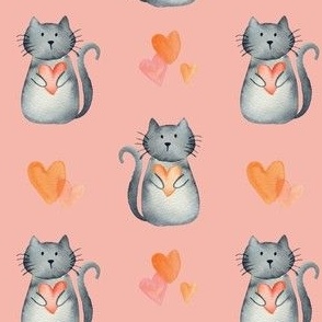 4 watercolor pet cats and hearts on rose pink for valentines day kids and baby bows and dresses