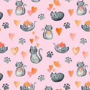 4 watercolor pet cats and hearts on lilac for valentines day kids and baby bows and dresses