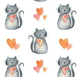 Kitsch cats and hearts / 4 inch small / on white for valentines day kids and baby bows and dresses in watercolour 