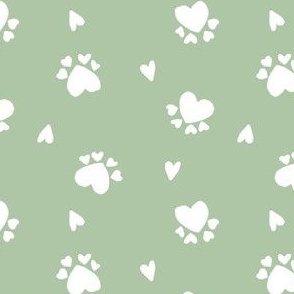 4" paw prints and hearts on pastel green for valentines day, doggy paws 