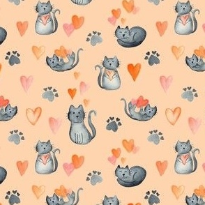 Kitsch  pet cats and hearts on peach for valentines day kids and baby bows and dresses 4" watercolor