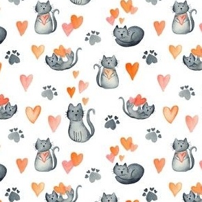 Kitsch pet cats and hearts on white_ for valentines day kids and baby bows and dresses 4" watercolor 