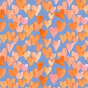 4" Watercolour pink and orange hearts in pink and orange on hydrangea blue - Smitten Kitten for valentines day kids and baby bows and dresses