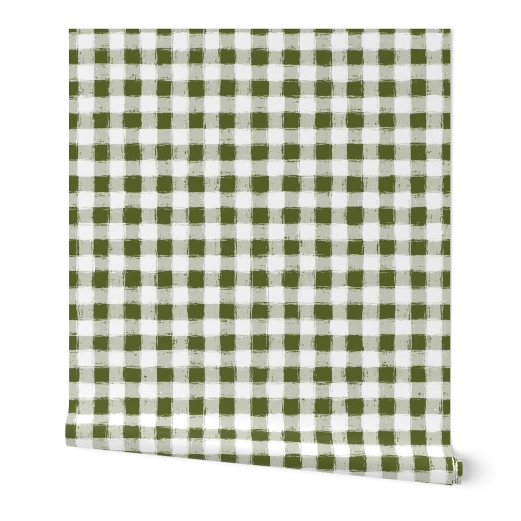 Distressed Gingham White and Dark Olive Green