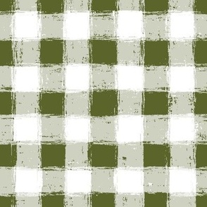 Distressed Gingham White and Dark Olive Green