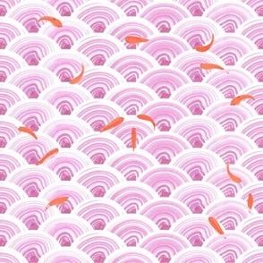 Japanese Watercolor Waves with Goldfish in Pink