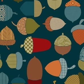 Assorted Acorns // Greens, Blues, Reds, Oranges, Golds on Deep Teal Background