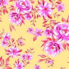 Bold Pink Blooms on Yellow Background