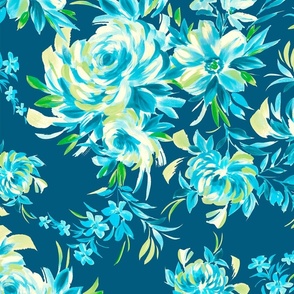 Blue Painterly Floral on Blue Background
