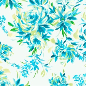 Blue Painterly Floral on White Background