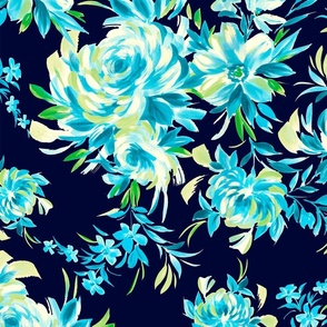 Blue Painterly Floral on Dark Navy Background
