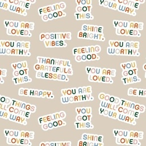Retro style affirmation stickers - positive vibes empowering feminist rainbow quote text design on beige sand