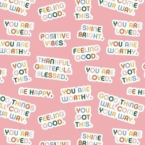 Retro style affirmation stickers - positive vibes empowering feminist rainbow quote text design on pink