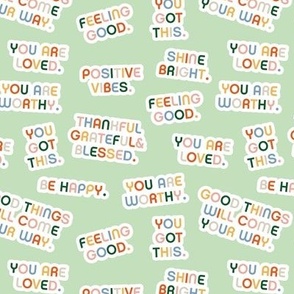 Retro style affirmation stickers - positive vibes empowering feminist rainbow quote text design on mint green