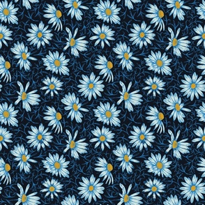 tossed light blue asters on black | medium