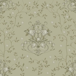 Retro Peonies & Clover Scroll - Olive Green LARGE