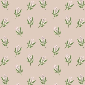 Minimalist boho garden - Lily of the valley flower blossom summer design winter palette pink green on beige sand