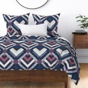 Patchwork Pattern / Cheater Quilt with blue, red, white and beige  - large scale
