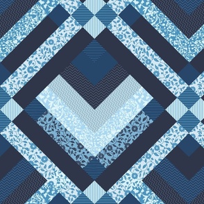Patchwork Pattern / Cheater Quilt in shades of blue plus white  - large scale
